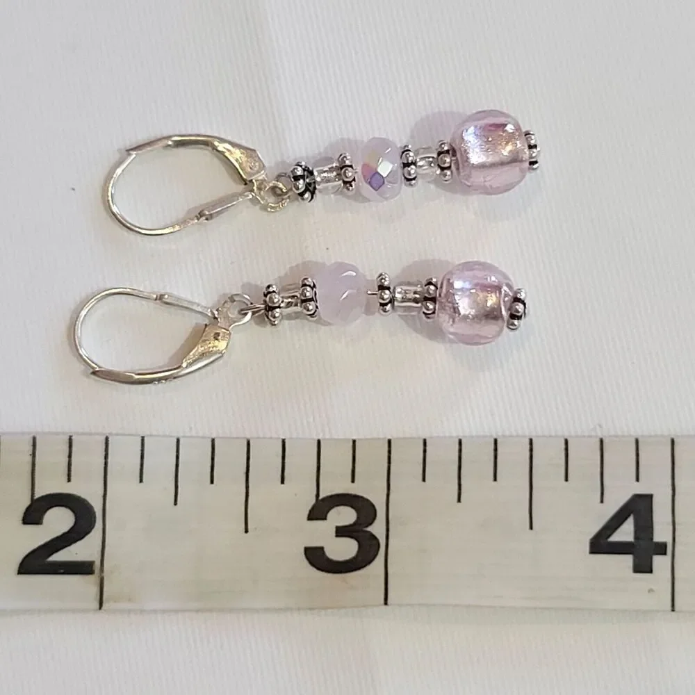 Vintage Sterling Silver 925 Shimmer Pink Bead Dangle Drop Earrings